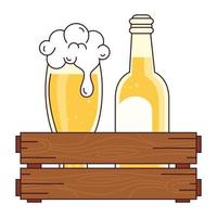 Flasche mit Glas Bier in Holzkiste, auf weißem Hintergrund vektor