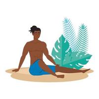 man afro i shorts sitter på stranden med tropiska blad dekoration, sommarsemester säsong vektor