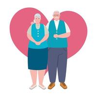 äldre par står, gammal kvinna och gammal man står med hjärtabakgrund vektor
