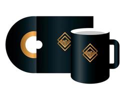 Modell CD und Tasse schwarze Farbe mit goldenem Zeichen, Corporate Identity vektor