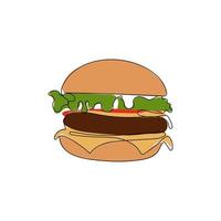 Hamburger in einem durchgehenden Strichzeichnungsstil. Fast-Food-Cheeseburger. Streetfood-Konzept. hand gezeichnete vektorillustration. vektor