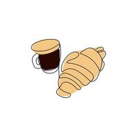 Croissant und eine Tasse Kaffee. eine fortlaufende Strichzeichnung. frühstücksthema mit gebäck und kaffee für café, geschäft, bäckerei. hand gezeichnete vektorillustration. vektor