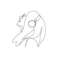 kvinna, flicka lyssnande till musik med hörlurar. ett linje teckning. hand dragen vektor illustration.