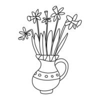 Schöne Narzissenblüten befinden sich in einem mit Mustern verzierten Krug. gezeichnete Illustration des Vektors Hand lokalisiert auf Weiß. schwarzer Umriss. Doodle-Stil. ideal für Frühlings- und Osterdesign, Malbücher. vektor