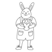 ein lustiges lächelndes männliches kaninchen oder ein hase mit einem osterkuchen. Er trägt Hosen mit Taschen und Hosenträgern. hand gezeichnete vektorillustration lokalisiert auf weißem hintergrund. Doodle-Stil. schwarzer Umriss. vektor