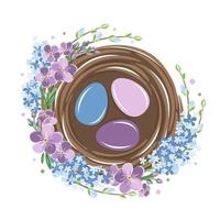 Vogelnest mit mit Blumen geschmückten Eiern. Osterfrühlingsdesign. Vektor-Illustration vektor