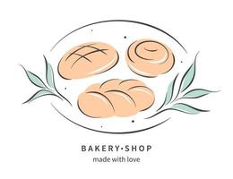 bageri affär logotyp med hand dragen bageri Produkter och bröd. vektor illustration för baner, affisch, märka eller meny.