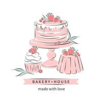 Bäckerei Haus. Logo für Süßwaren oder Bäckerei. Kuchen, Cupcake und Beeren. vektorillustration für menü, rezeptbuch, backshop, café. vektor