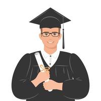 glücklicher Doktorand mit einem Diplom, der eine Robe und eine quadratische akademische Kappe trägt. ein junger Mann, der sein Studium abgeschlossen hat. flache Vektorillustration auf weißem Hintergrund. vektor