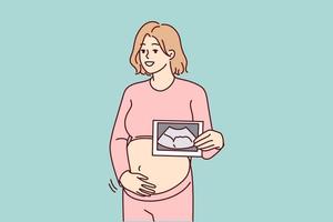 lächelnde schwangere Frau berührt den Bauch und zeigt einen Scan des Embryos. glückliche zukünftige mutter hält ultraschallbild des babys. Schwangerschaft und Mutterschaft. Vektor-Illustration. vektor