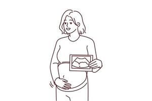 leende gravid kvinna Rör mage visa skanna av embryo. Lycklig framtida mamma håll ultraljud bild av bebis. graviditet och moderskap. vektor illustration.