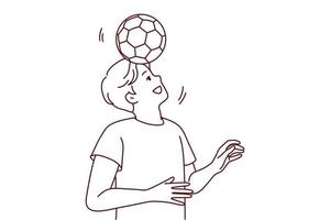 glücklicher junger mann, der draußen fußball spielt. lächelnder kerl mit ball auf dem kopf viel spaß beim sport. Vektor-Illustration. vektor