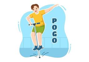människor spelar med sport hoppa pogo pinne illustration för webb baner eller landning sida i utomhus- roligt leksak platt tecknad serie hand dragen mallar vektor