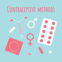 metoder av preventivmedel. vektor illustration. platt stil. en uppsättning av preventivmedel. kondom, biljard, spiral.