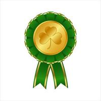 goldene Auszeichnung mit Kleeblatt und grünem Band isoliert auf weißem Hintergrund. st. Patrick's Day Medal, irisches Glückssymbol. Vektor-Illustration. vektor