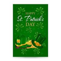 st. patricks dag kort med rikedom. guld mynt, pyssling hatt, pyssling skor, shamrocks. St Patrick's dag bakgrund. vektor illustration.