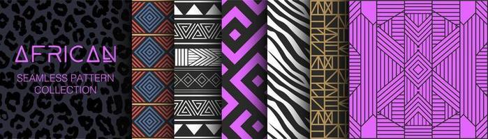 samling av afrikansk sömlös mönster. geometri, texturer och tecken. etnisk estetisk och ornament inspirerad förbi afrika. stam- mönster, folk konstverk och inföding stil grafik. svart kultur. vektor