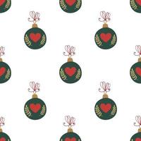 Weihnachtsbaum Spielzeug. süße grüne kugeln mit roten herzen und goldenen zweigen. nahtloses muster des winterfestes. vektor