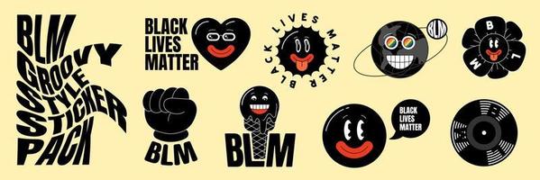 Blm-Aufkleber-Set im Retro-Groovy-Stil. Etiketten für schwarze Leben sind wichtig. Hippie verrückte Zeichentrickfigurensammlung. abstrakter Vintage-Hippie verschiedene Anti-Rassismus-Emoji. Emoticon trendige y2k-Vektor-Eps-Maskottchen vektor