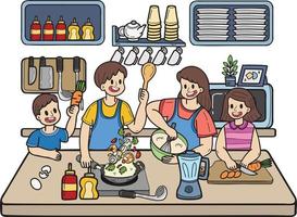hand gezeichnete familie, die zusammen in der küchenillustration im gekritzelstil kocht vektor
