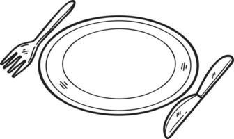 hand gezeichneter essensteller mit gabel- und messerillustration im gekritzelstil vektor