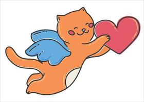 orangefarbener Katzenamor, der ein Herz hält. Engel Katze. valentinstag karte. vektorillustration in einem flachen stil. vektor