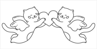 Zwei Amorkatzen halten ein Herz. Engel Katze. valentinstag karte. vektorillustration in einem linearen stil. vektor