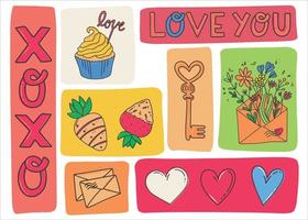 postkarte zum valentinstag. ein brief mit blumen, ein schlüssel von herzen, eine mit schokolade überzogene erdbeere, ein kuchen und die aufschrift i love you. Symbole des Feiertags aller Liebenden. vektor