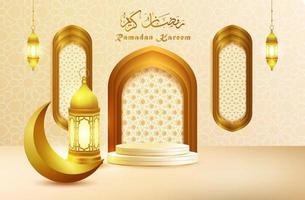 3d modernes islamisches Feiertagsfahnendesign. anzeige podium mit ramadan-laterne, eid mubarak