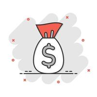Geldsack-Symbol im Comic-Stil. Geldsack mit Dollar-Cartoon-Vektorillustration auf weißem, isoliertem Hintergrund. Cash-Sack-Splash-Effekt-Geschäftskonzept. vektor