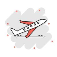 Flugzeug-Symbol im Comic-Stil. Flugzeugkarikatur-Vektorillustration auf weißem lokalisiertem Hintergrund. Geschäftskonzept mit Splash-Effekt für Fluglinienflugzeuge. vektor