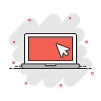 Laptop-Computer-Symbol im Comic-Stil. Cursor auf Notebook-Cartoon-Vektorillustration auf weißem, isoliertem Hintergrund. Splash-Effekt-Geschäftskonzept überwachen. vektor