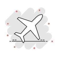 Flugzeug-Symbol im Comic-Stil. Flugzeugkarikatur-Vektorillustration auf weißem lokalisiertem Hintergrund. Geschäftskonzept mit Splash-Effekt für Fluglinienflugzeuge. vektor