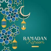 ramadan kareem-karte mit mondhalbmond, traditionellen laternen. einladungen mit islamischen geometrischen mustern, arabeske. glorreicher monat des muslimischen jahres, heiliger feiertag. Banner, Flyer, Werbung. vektor