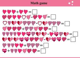 Beispiele für Addition und Subtraktion mit Herzen. Lernseite mit mathematischen Beispielen für Kinder vektor