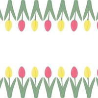 blommig dubbel- ensidig rektangulär ram tillverkad av färgrik blomning tulpaner i trendig blek nyanser. 8 Mars vektor