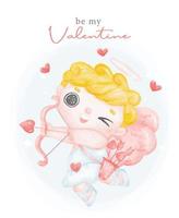 söt vattenfärg Lycklig leende valentine cupid pojke, blond lockigt hår skytte rosett och pil, vara min valentine tecknad serie karaktär hand målning illustration vektor