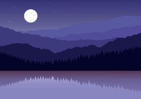 Nachtlandschaft mit Bergen, See, Wald und Vollmond. Vektor-Illustration vektor