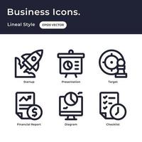 företag ikoner uppsättning med översikt stil med börja, presentation, mål, finansiell Rapportera, diagram, checklista vektor