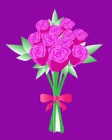 stor bukett av rosa ro med grön blad med en rosett på en lila bakgrund vektor