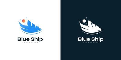abstrakt blå fartyg logotyp design med Sol och stjärna element. kryssning, Yacht, fartyg logotyp eller ikon vektor