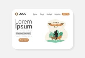 flacher welttiertag mit garten- und wildtiernatur-landing-page-design vektor