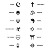 Symbole der Weltreligion. 12 Zeichen religiöser Gruppen und Religionen. Christentum, Islam, Hinduismus, Buddhismus und andere. Vektor-Illustration. vektor