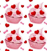helles Vektor nahtloses Muster mit Valentinstag Cupcake, Herzen und Schleifen, romantisches Muster, Stoffmuster