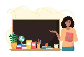 kvinna lärare i klassrum. skola och inlärning begrepp. söt vektor illustration. platt tecknad serie stil
