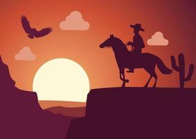 cowboy und pferd in der wüste der usa bei sonnenuntergang, vektorillustration vektor