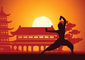 kinesisk boxning kung fu krigisk konst känd sport, två boxare bekämpa tillsammans runt om med kinesisk tempel, solnedgång silhuett design vektor