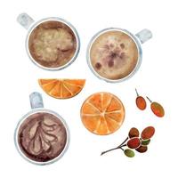 aquarell handgezeichnete komposition mit capuccino-porzellan und goldenen kaffeetassen, bohnen, gläsern, orange. isoliert auf weißem Hintergrund. für einladungen, café, restaurantmenü, druck, website, karten vektor