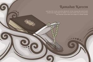 al-qur'an mit gebetsperlen und ornamentalem hintergrund im karikaturdesign für ramadan kareem-vorlage vektor