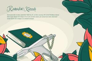 ramadan kareem hintergrundvorlage mit handgezeichnetem blumenmuster und al-qur'an-design vektor
